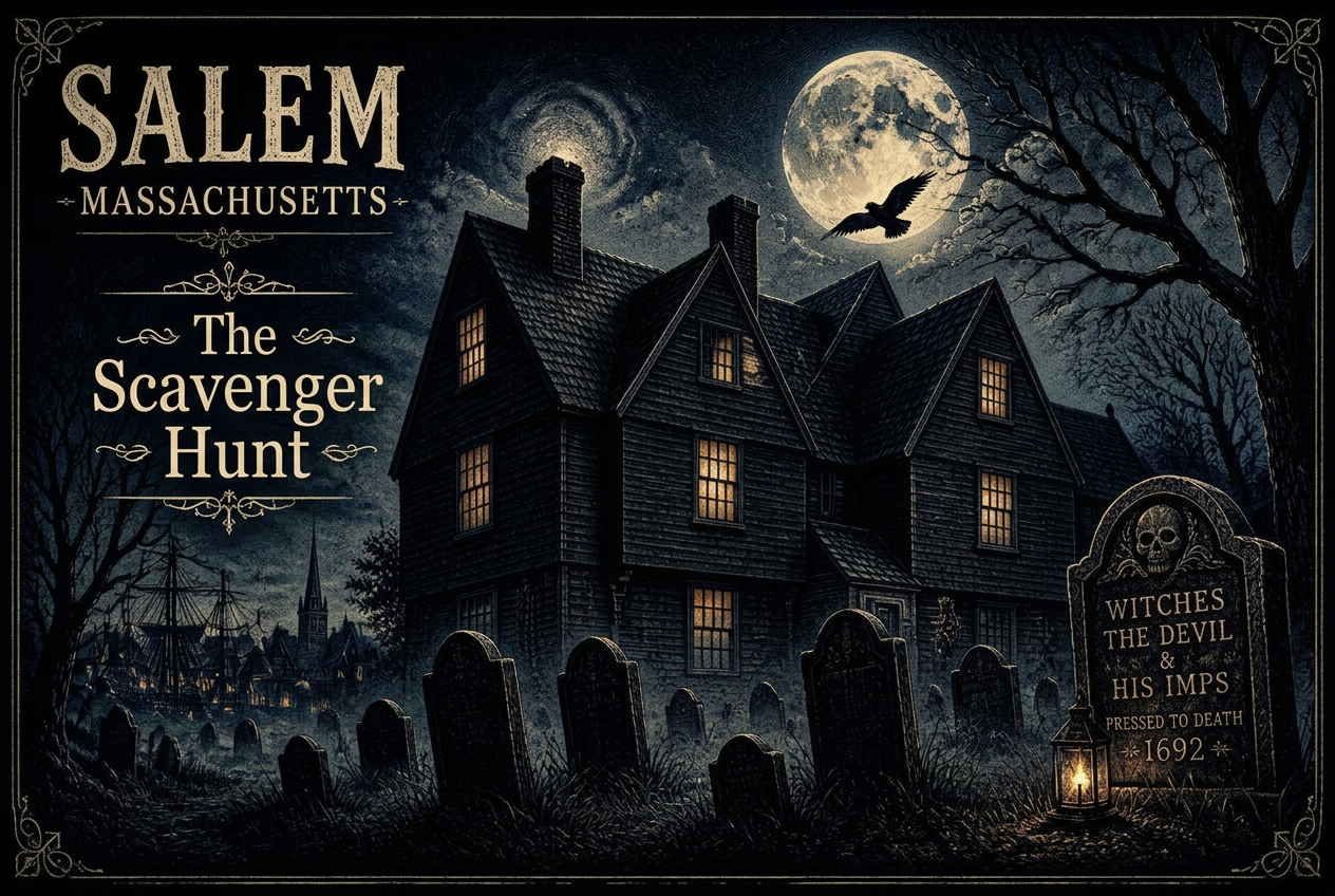 Night illustration of Salem, Massachusetts with a gabled house, gravestones and full moon